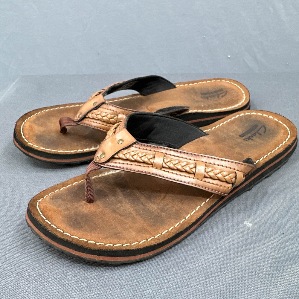 Clarks Fenner Nerice Flip Flop 9 Honey Leather Braided Thong Sandal Boho Beachy - Picture 5 of 11